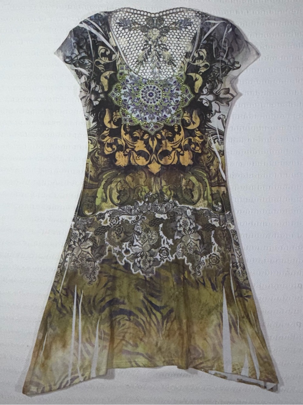 VTG Miss Match Y2K Baroque Medallion Print Crochet Lace Sharkbite Dress Size S